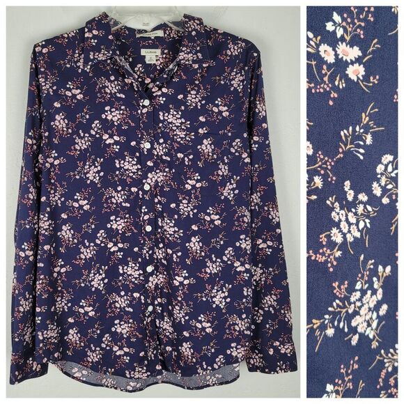 L.L. Bean Wrinkle Free Pinpoint Oxford Shirt Long Sleeve Floral Navy Pink Size M - Picture 1 of 14